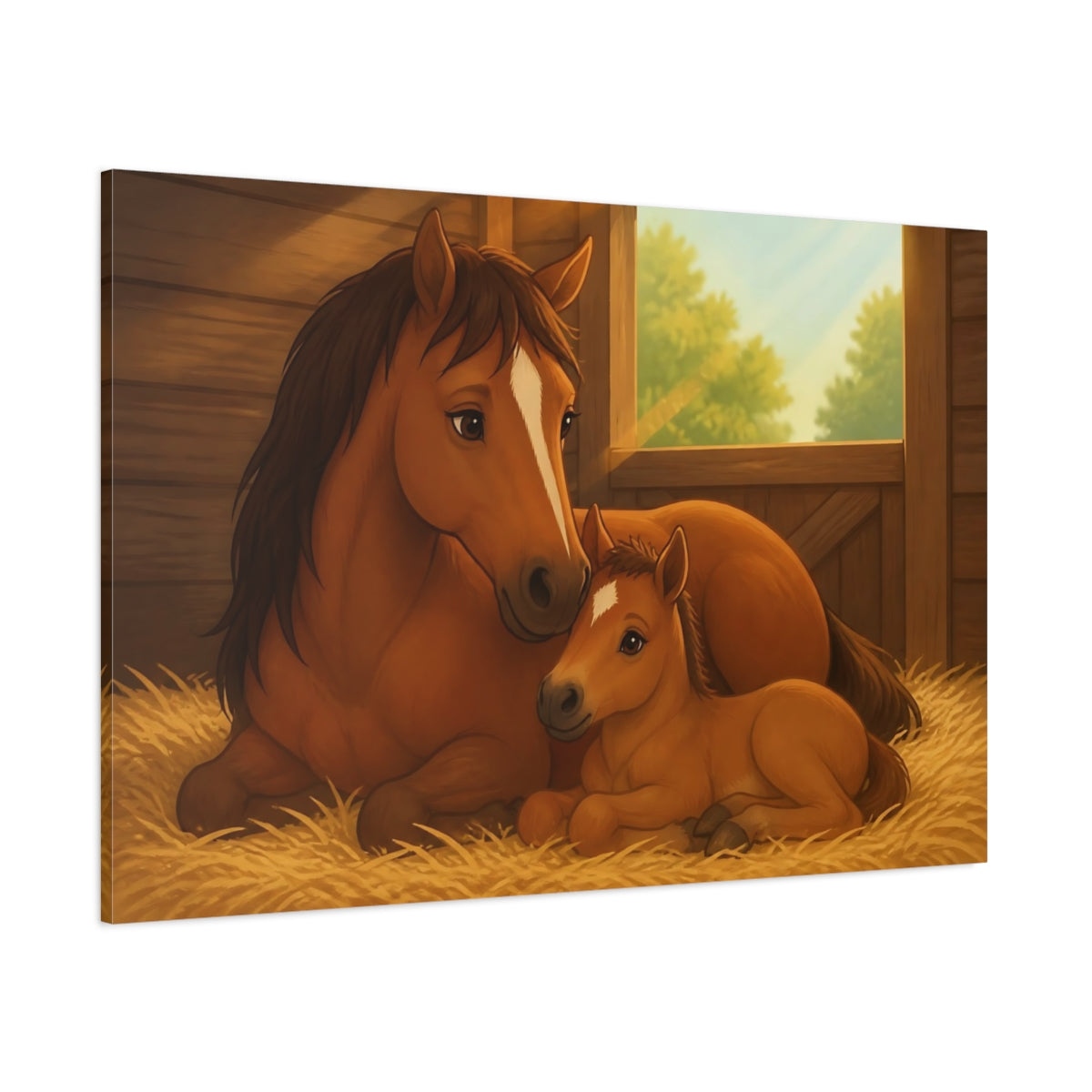 Side Mockup 1. Animals Horses Brown And Gold shown as stretched canvas wall art