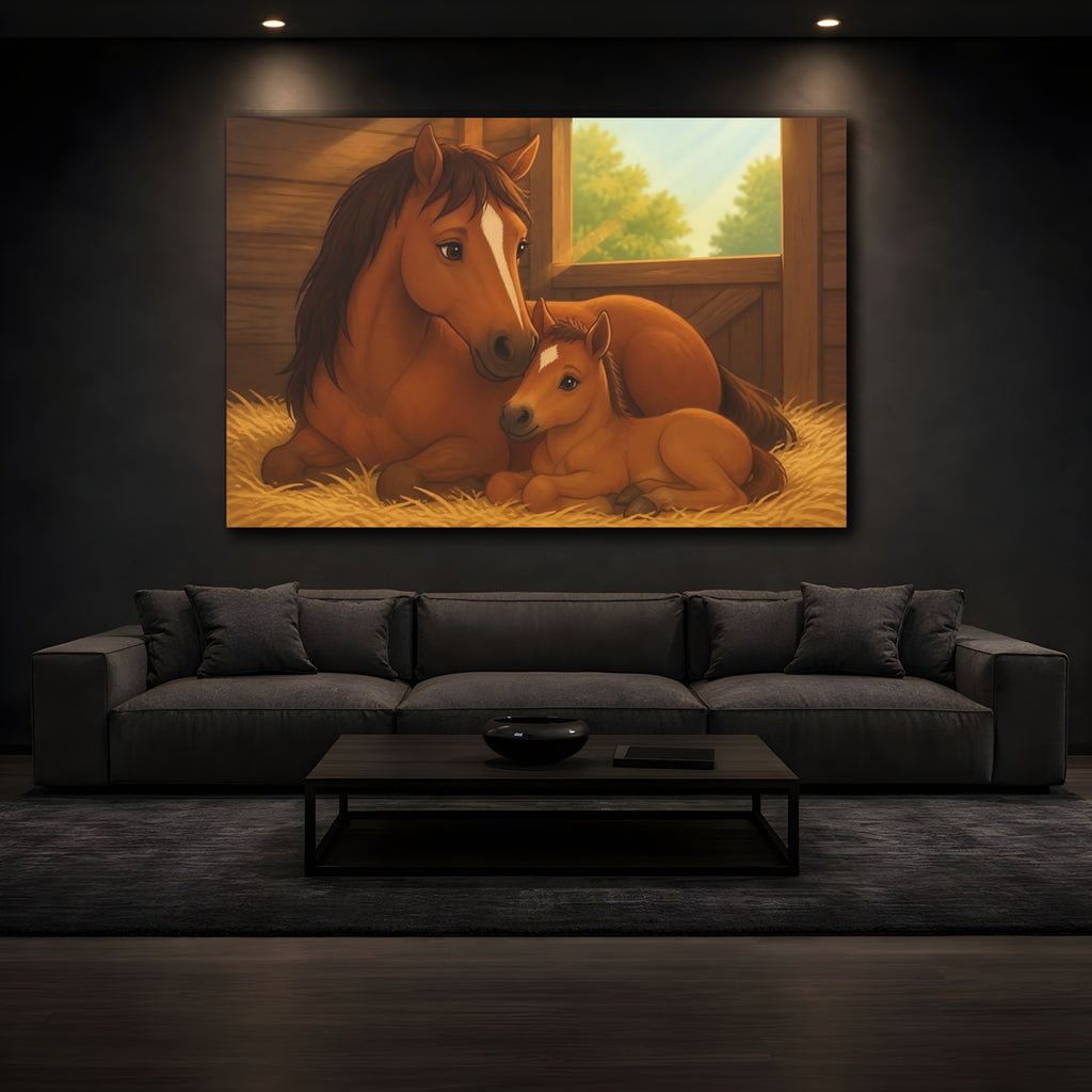 Mockup 3. Animals Horses Brown And Gold shown as stretched canvas wall art
