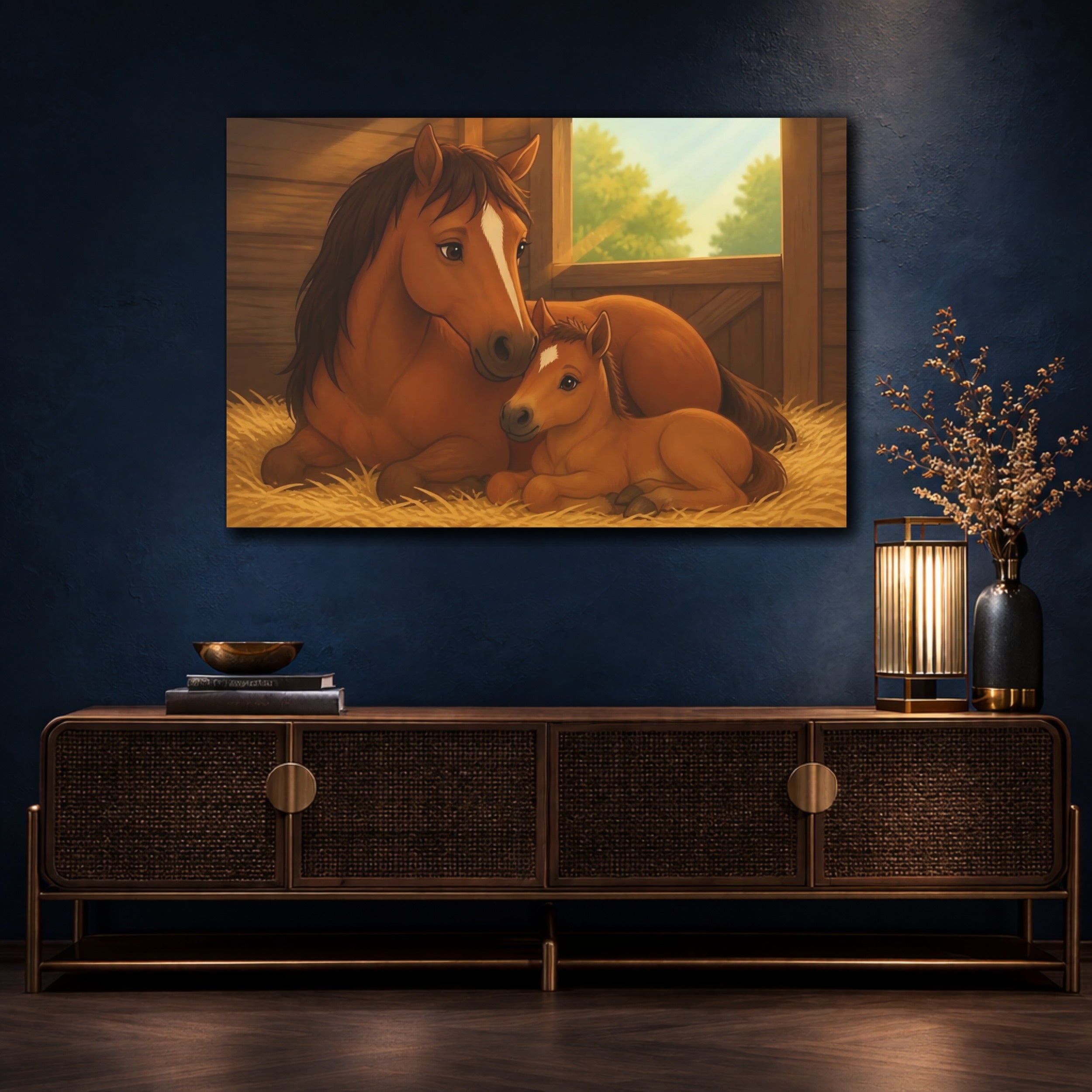 Mockup 4. Animals Horses Brown And Gold shown as stretched canvas wall art
