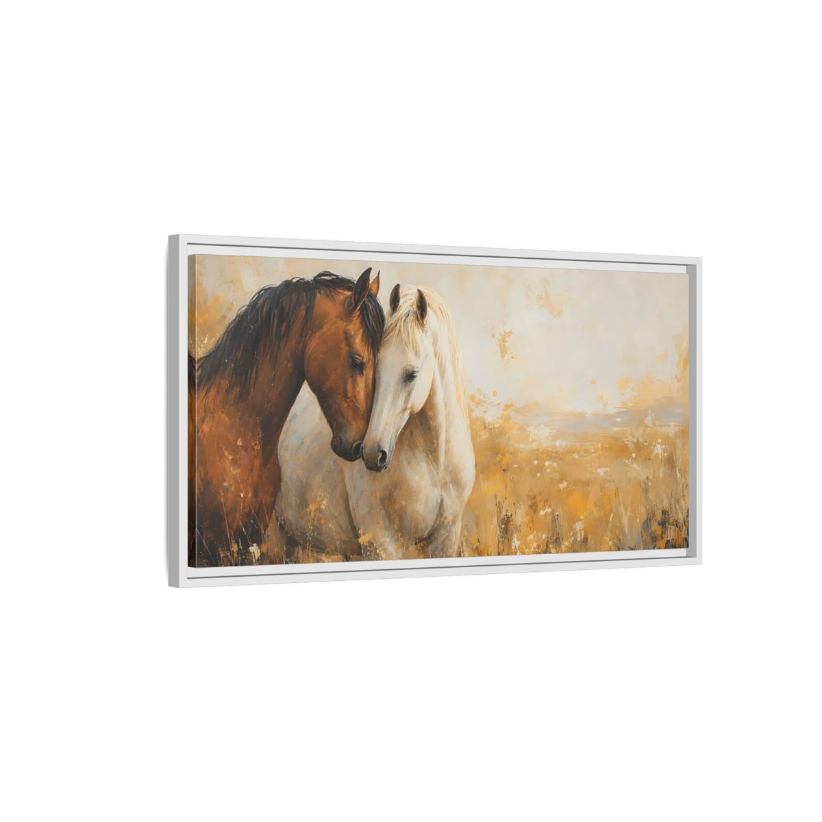 Side Mockup 1. Animals Horses Brown And White Horses shown as stretched canvas wall art
