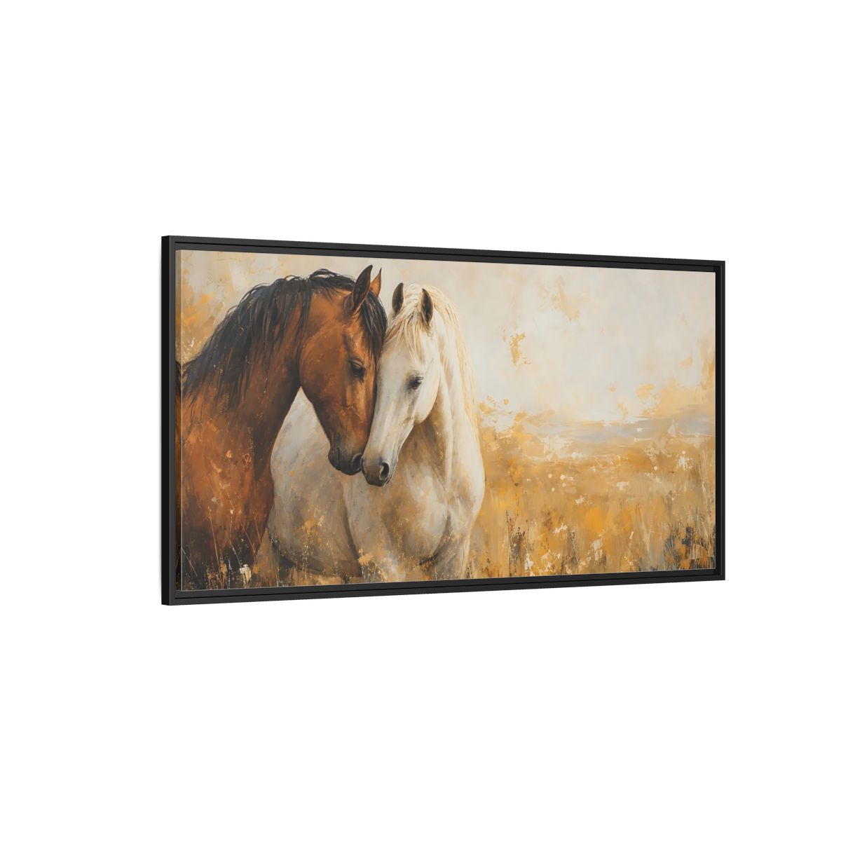 Side Mockup 5. Animals Horses Brown And White Horses shown as stretched canvas wall art
