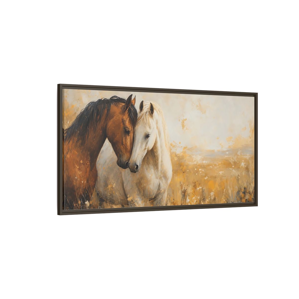 Side Mockup 4. Animals Horses Brown And White Horses shown as stretched canvas wall art