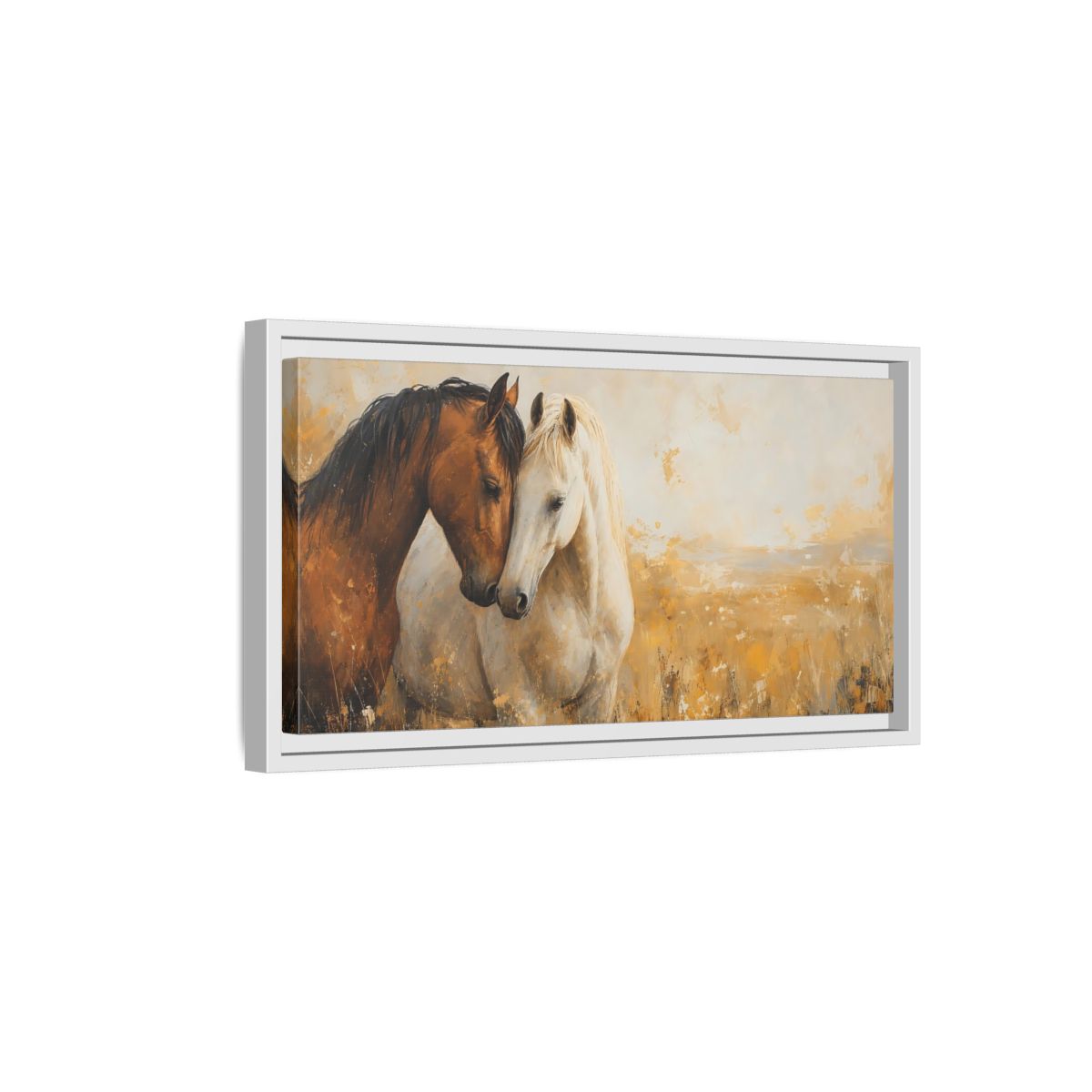 Side Mockup 6. Animals Horses Brown And White Horses shown as stretched canvas wall art