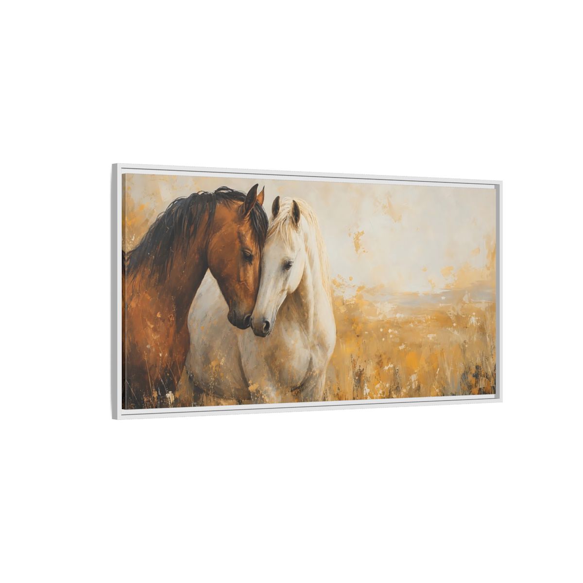 Side Mockup 3. Animals Horses Brown And White Horses shown as stretched canvas wall art