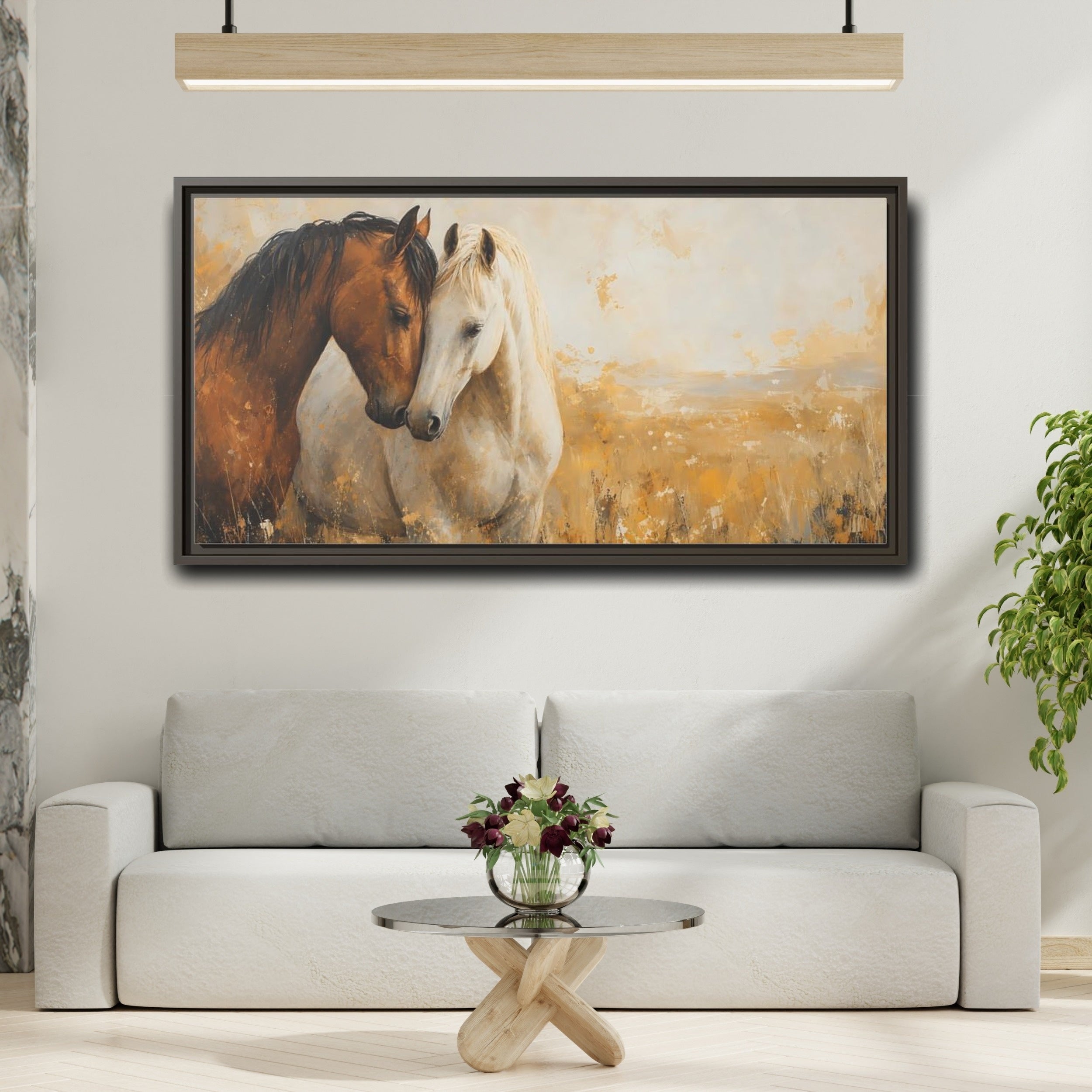 Mockup 2. Animals Horses Brown And White Horses shown as stretched canvas wall art