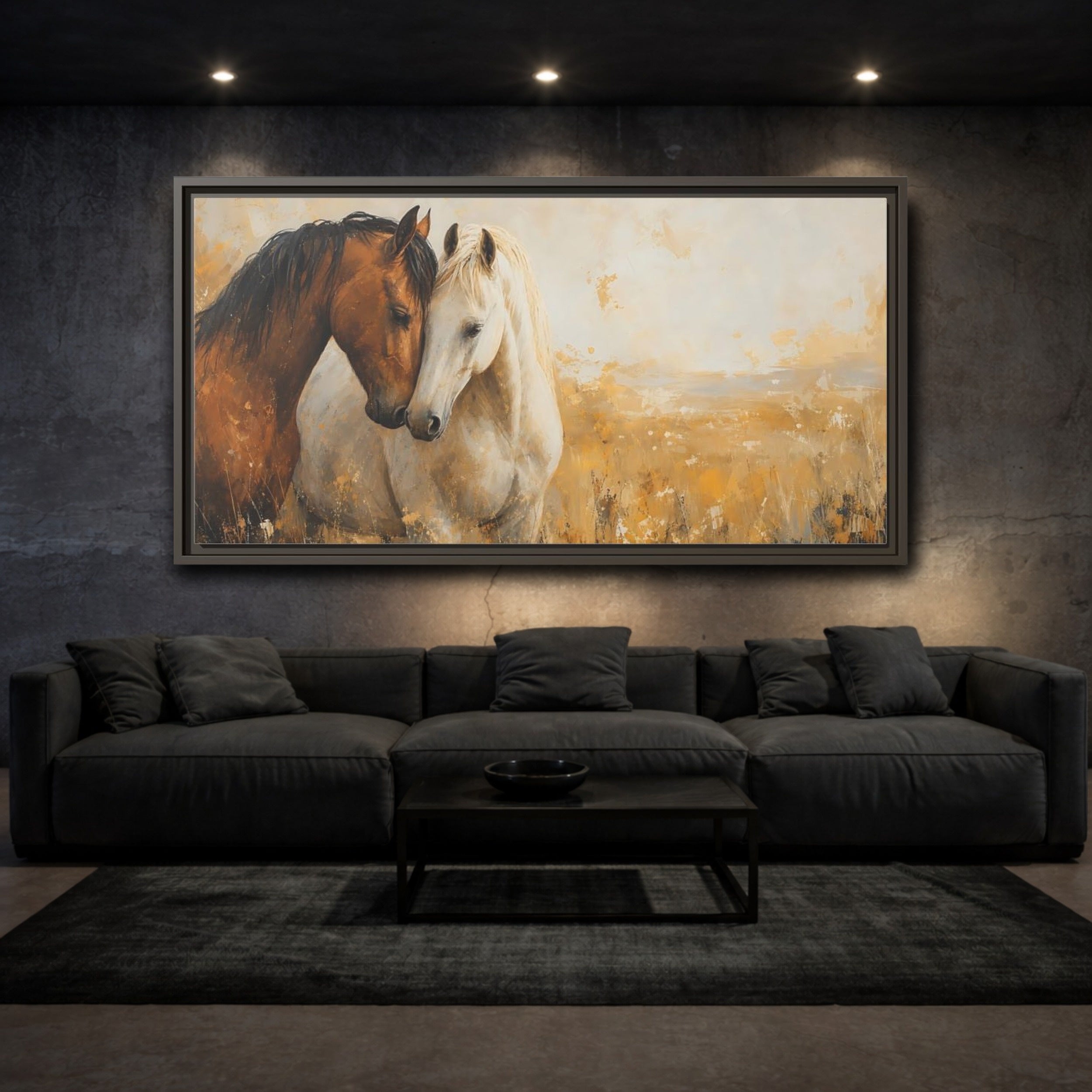 Mockup 3. Animals Horses Brown And White Horses shown as stretched canvas wall art