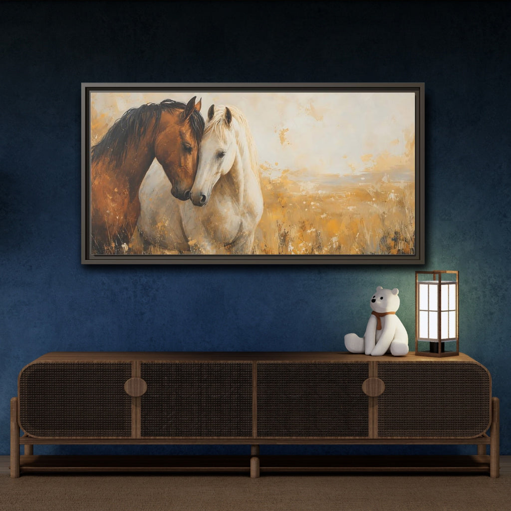 Mockup 4. Animals Horses Brown And White Horses shown as stretched canvas wall art