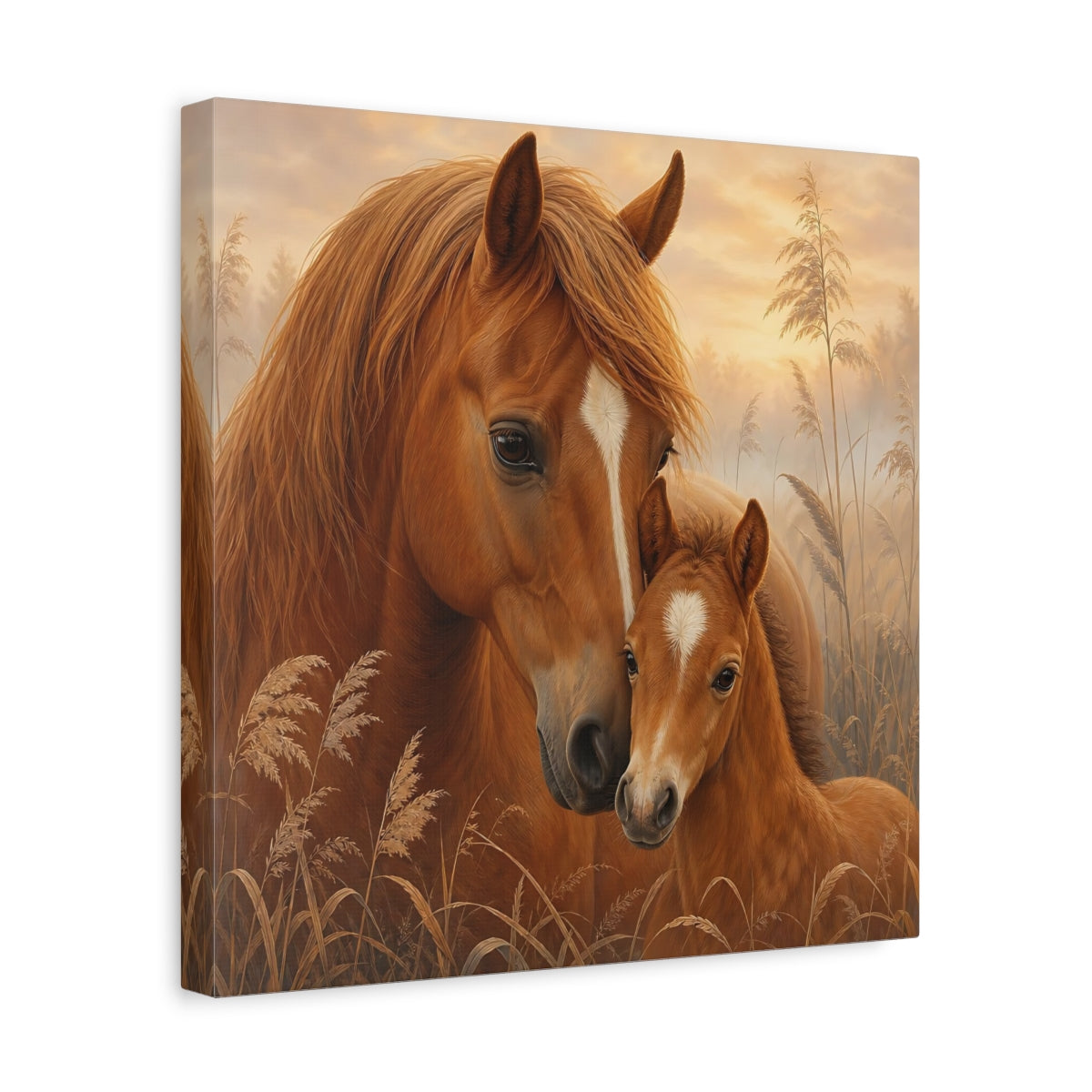 Side Mockup 7. Animals Horses Brown Horses shown as stretched canvas wall art