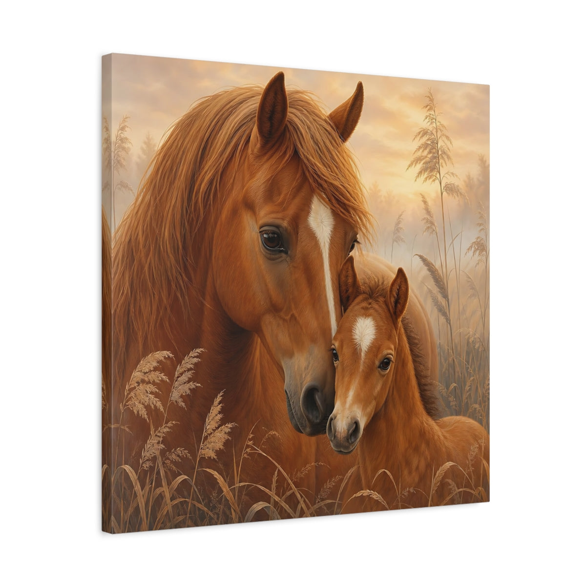 Side Mockup 4. Animals Horses Brown Horses shown as stretched canvas wall art
