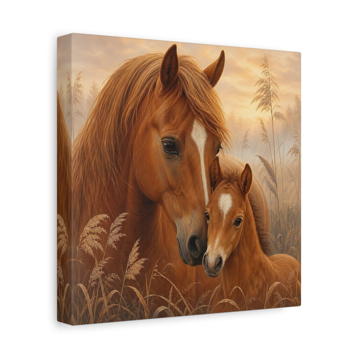 Side Mockup 9. Animals Horses Brown Horses shown as stretched canvas wall art