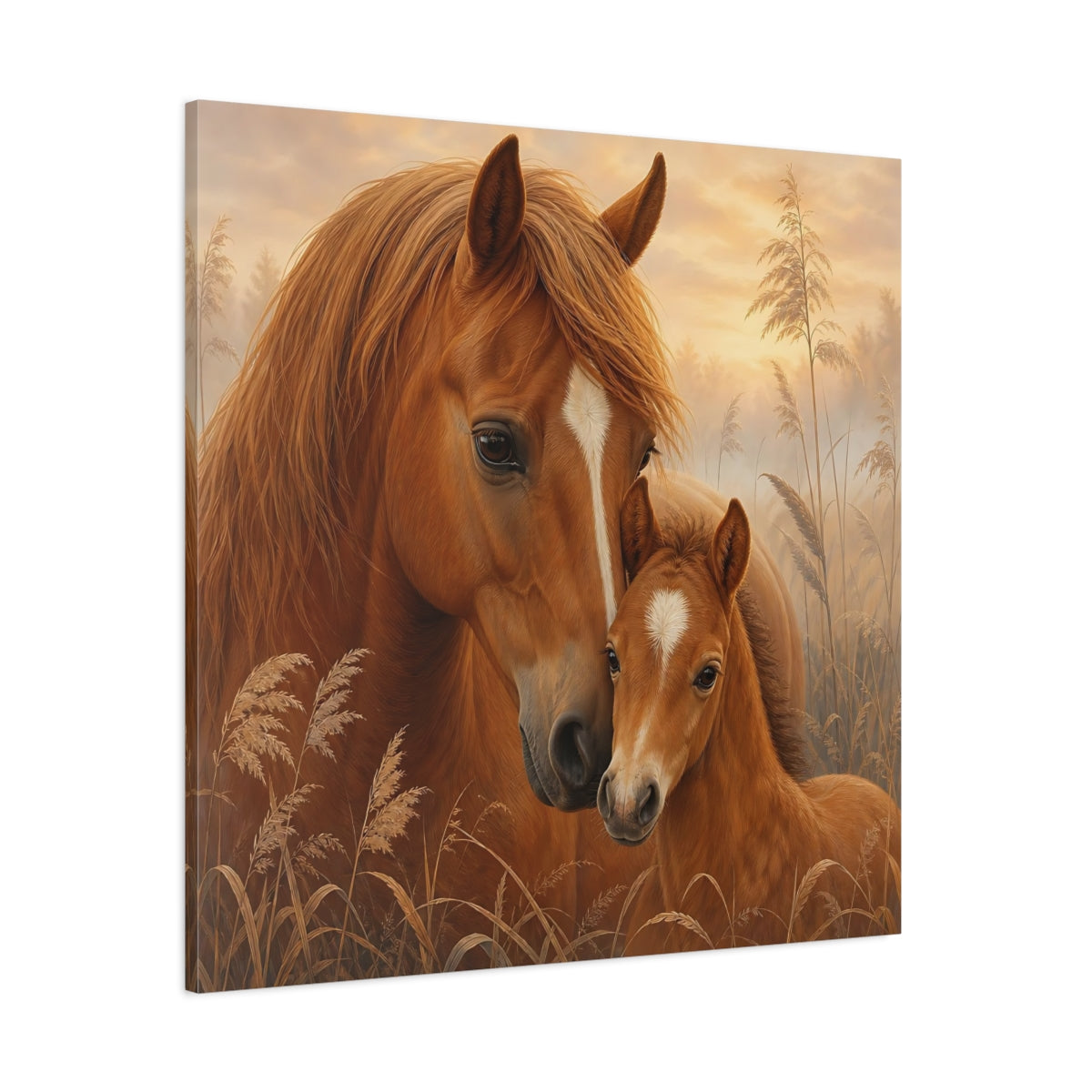 Side Mockup 1. Animals Horses Brown Horses shown as stretched canvas wall art