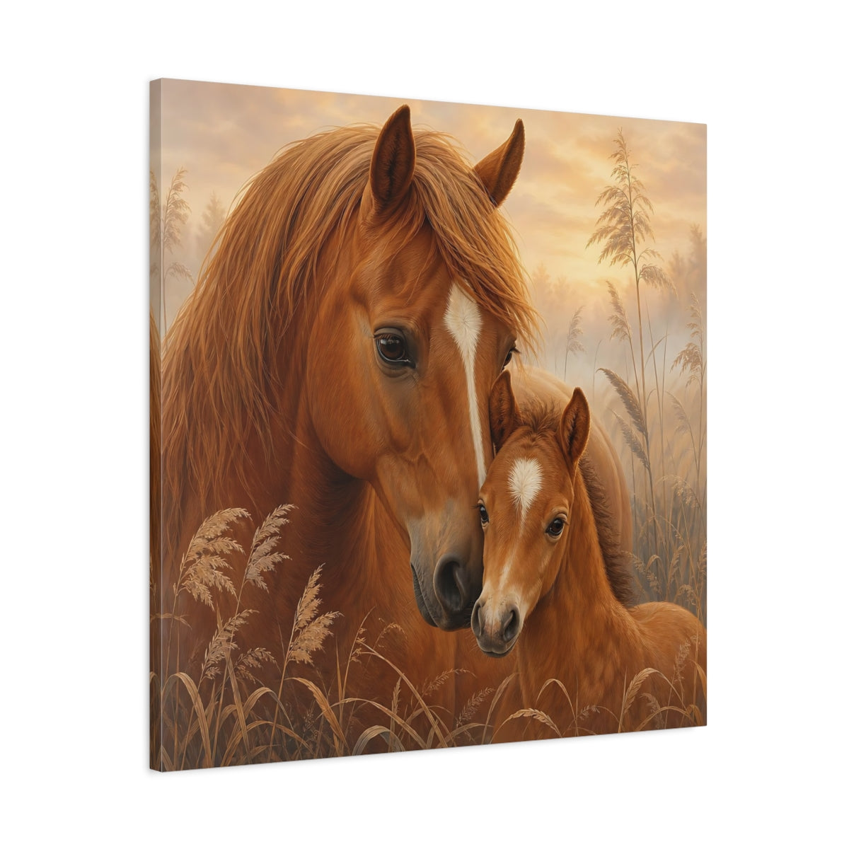 Side Mockup 3. Animals Horses Brown Horses shown as stretched canvas wall art
