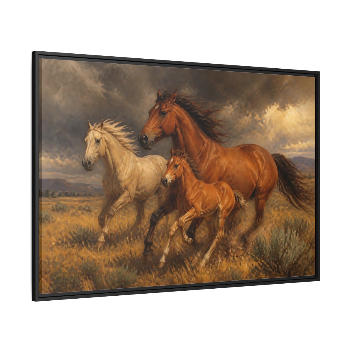 Side Mockup 12. Animals Horses Brown Horses shown as stretched canvas wall art