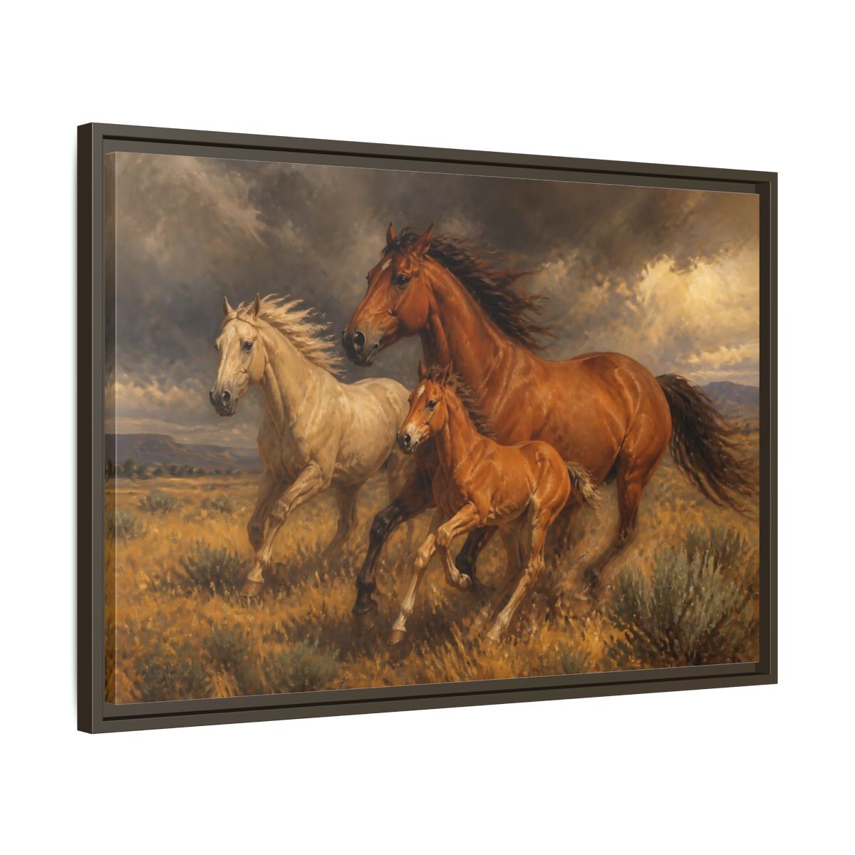 Side Mockup 11. Animals Horses Brown Horses shown as stretched canvas wall art
