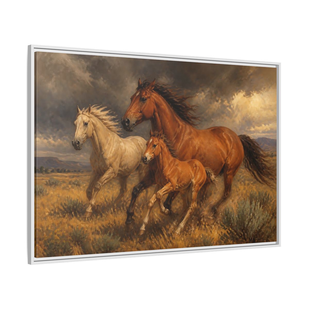 Side Mockup 7. Animals Horses Brown Horses shown as stretched canvas wall art