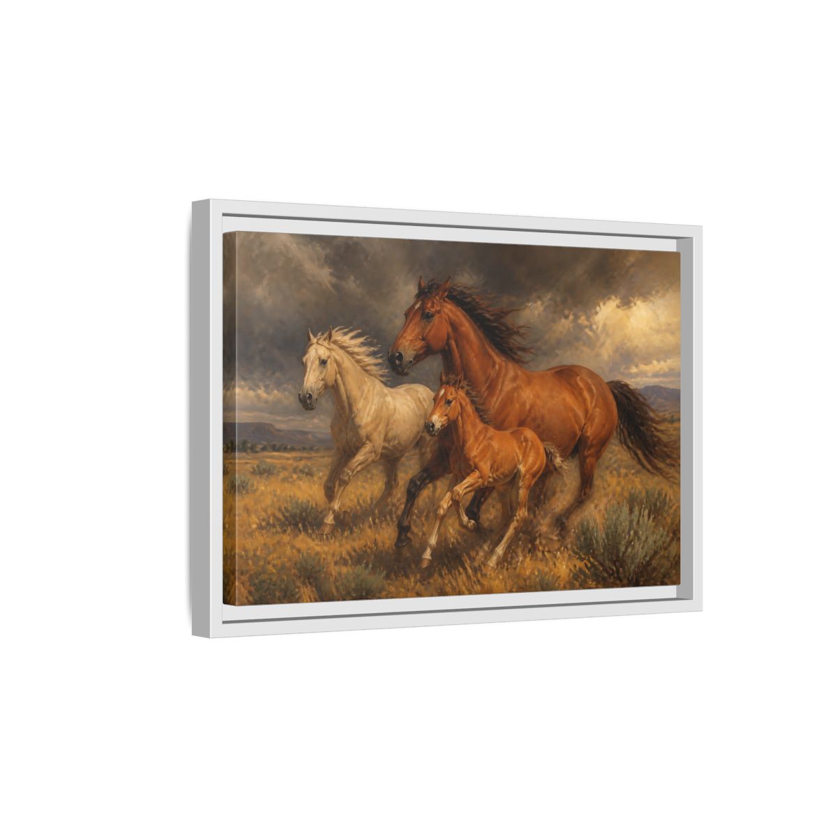 Side Mockup 4. Animals Horses Brown Horses shown as stretched canvas wall art