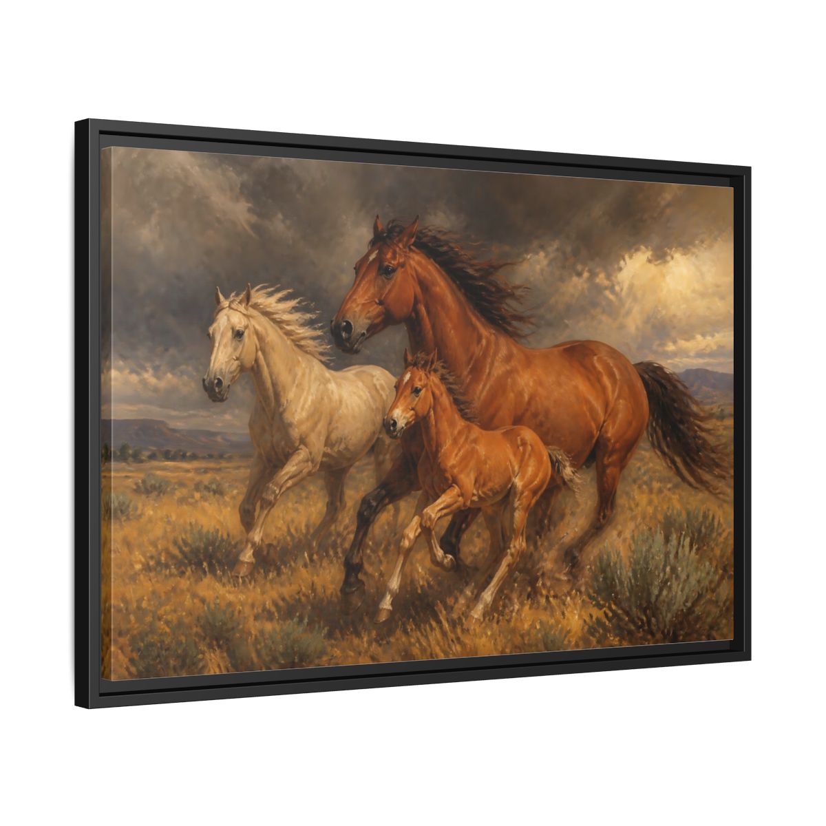 Side Mockup 14. Animals Horses Brown Horses shown as stretched canvas wall art
