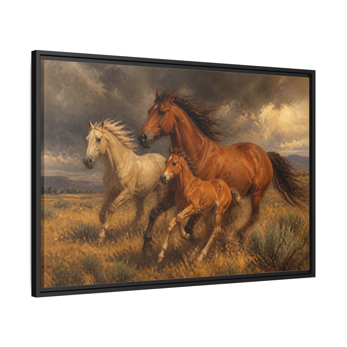 Side Mockup 13. Animals Horses Brown Horses shown as stretched canvas wall art