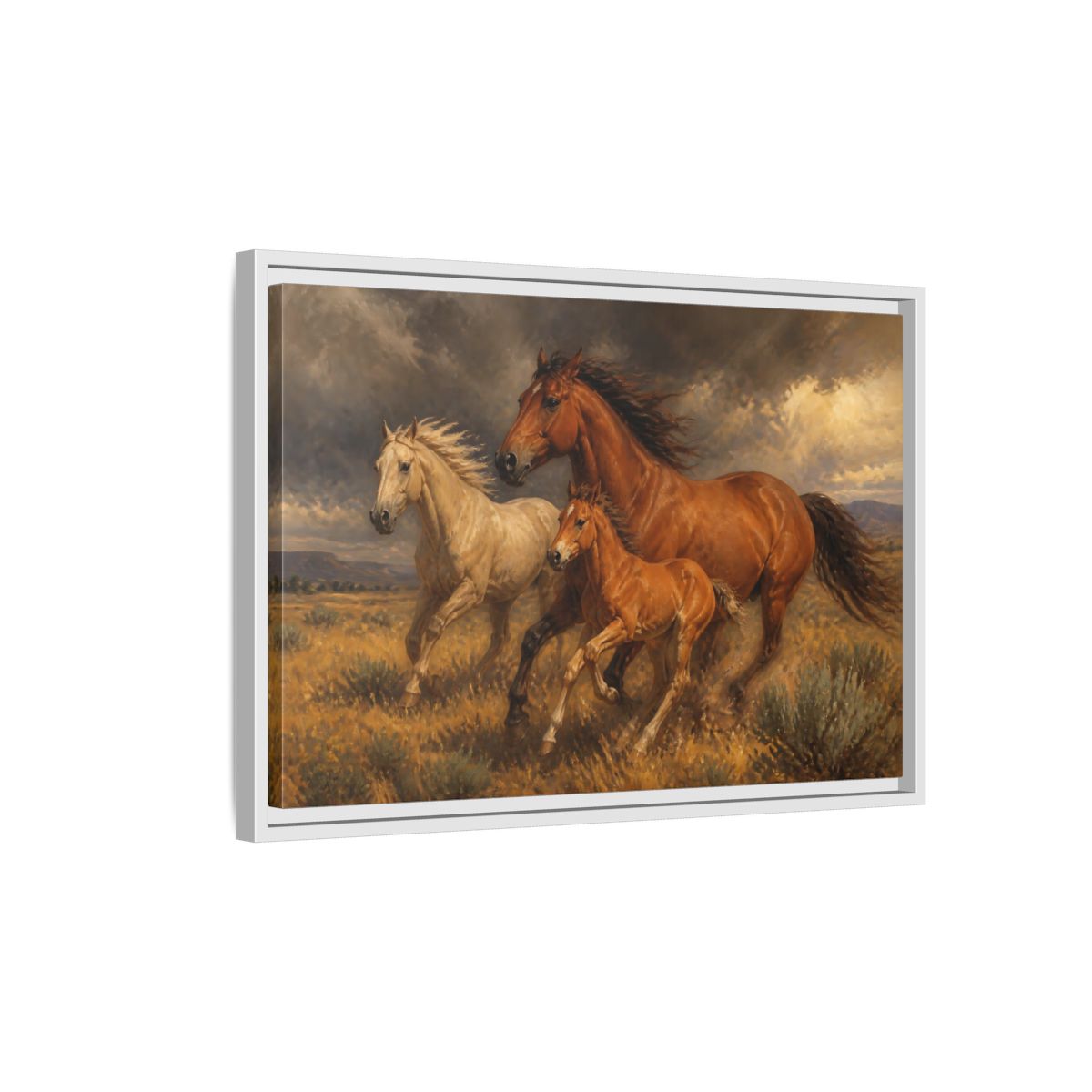 Side Mockup 1. Animals Horses Brown Horses shown as stretched canvas wall art