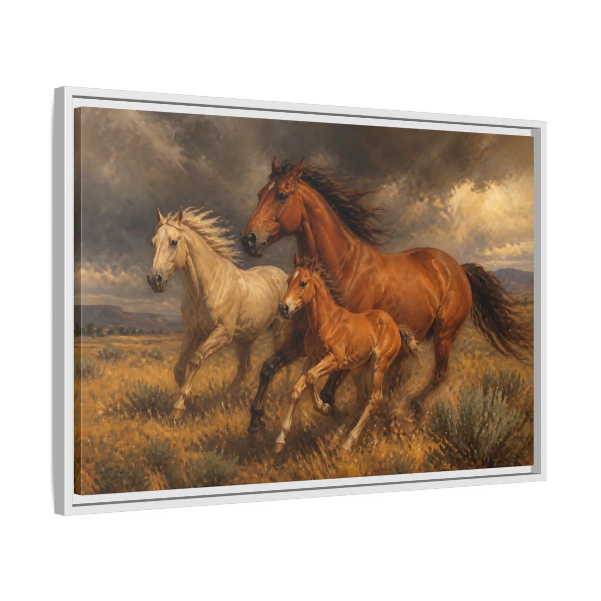 Side Mockup 10. Animals Horses Brown Horses shown as stretched canvas wall art