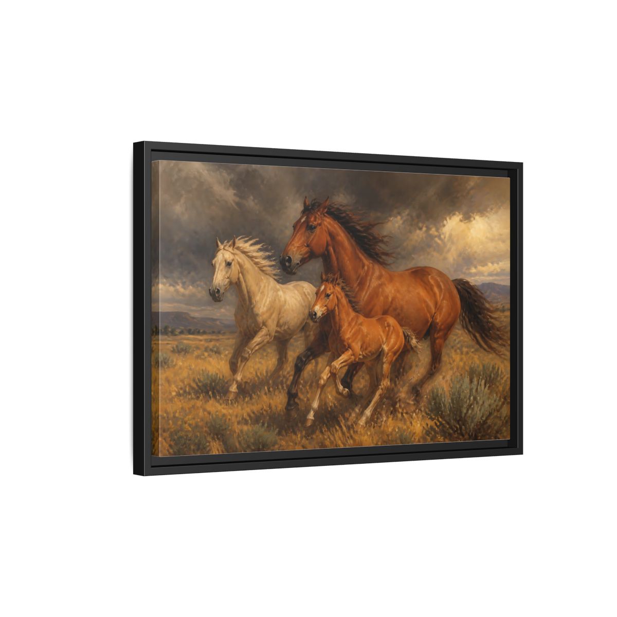 Side Mockup 3. Animals Horses Brown Horses shown as stretched canvas wall art