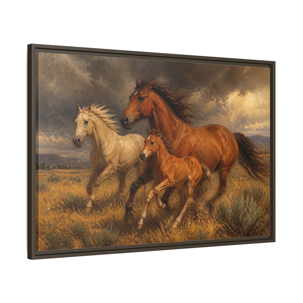 Main Mockup. Animals Horses Brown Horses shown as stretched canvas wall art