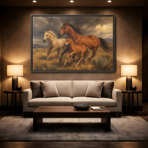 Mockup 2. Animals Horses Brown Horses shown as stretched canvas wall art