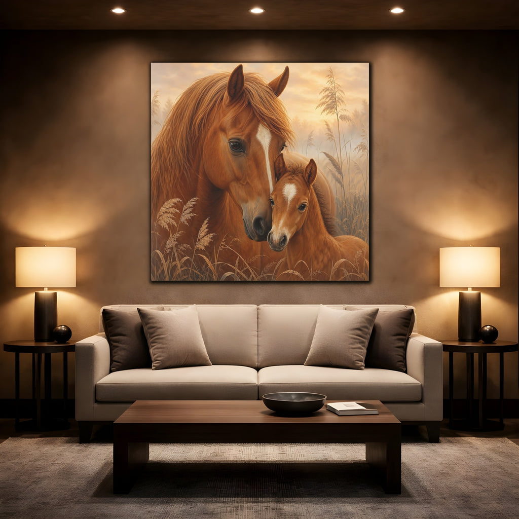 Mockup 2. Animals Horses Brown Horses shown as stretched canvas wall art