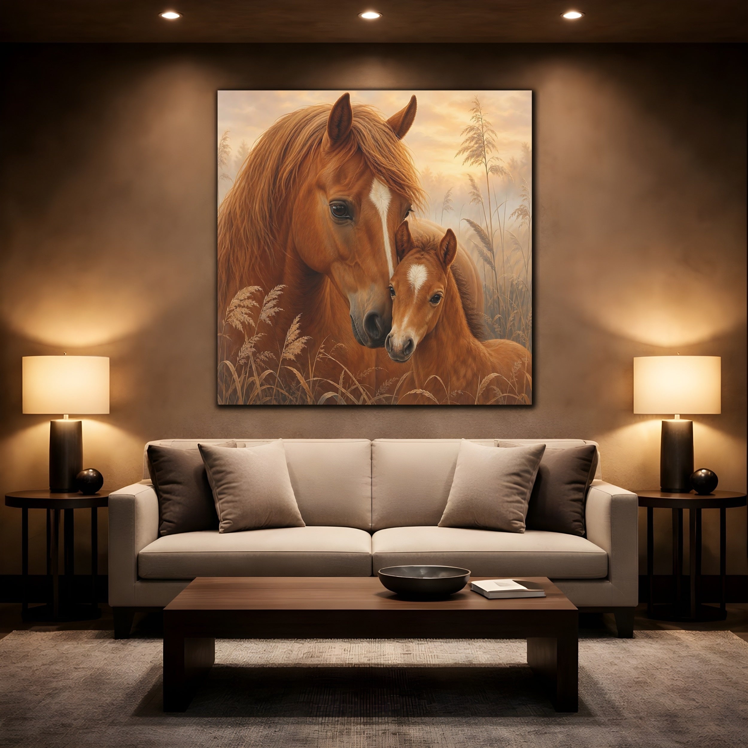 Mockup 2. Animals Horses Brown Horses shown as stretched canvas wall art