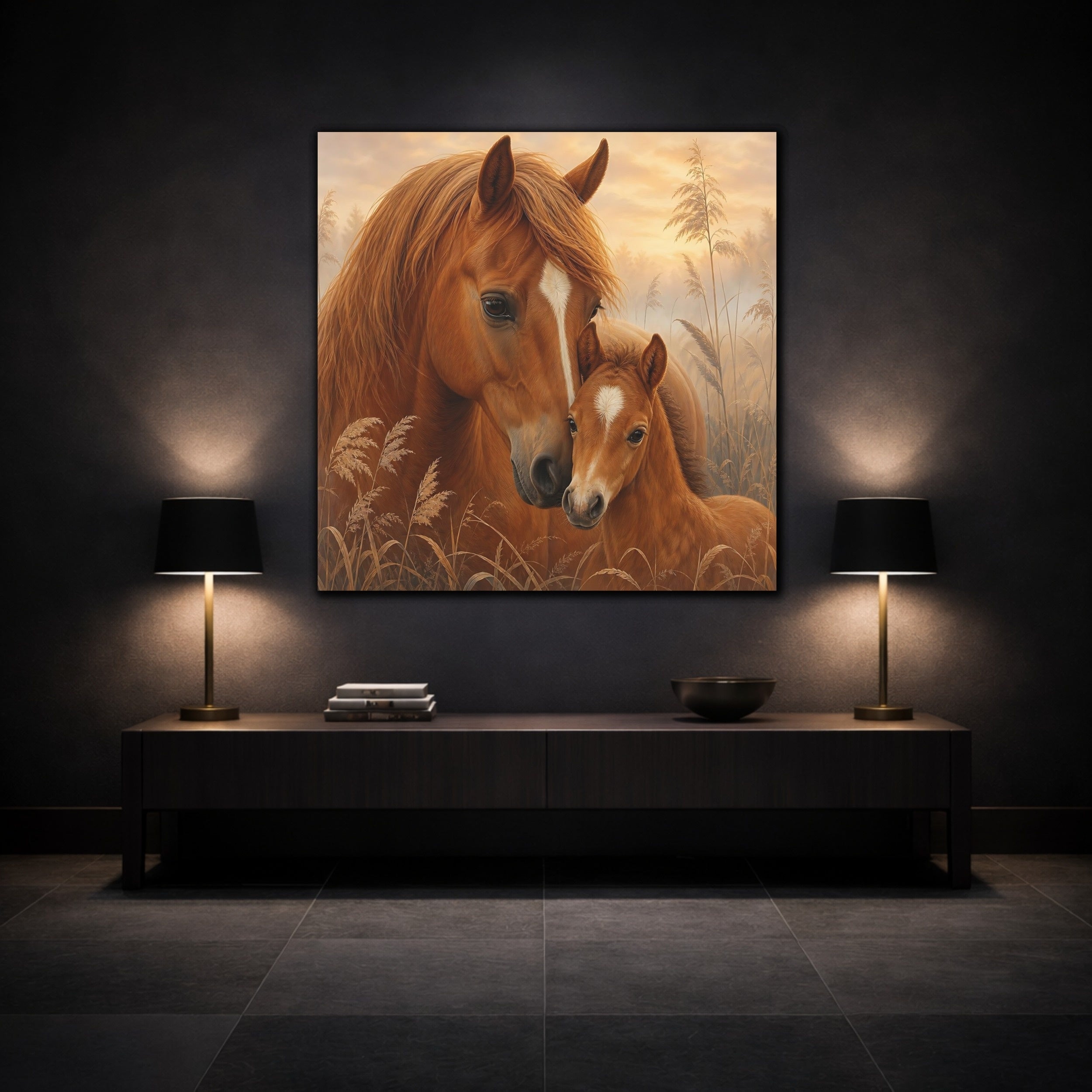 Mockup 3. Animals Horses Brown Horses shown as stretched canvas wall art