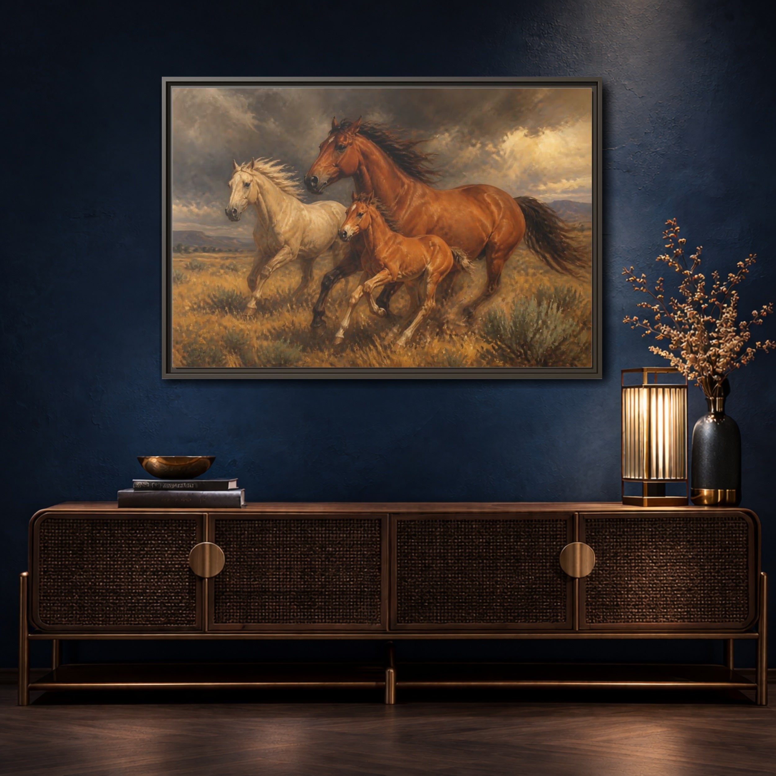 Mockup 4. Animals Horses Brown Horses shown as stretched canvas wall art