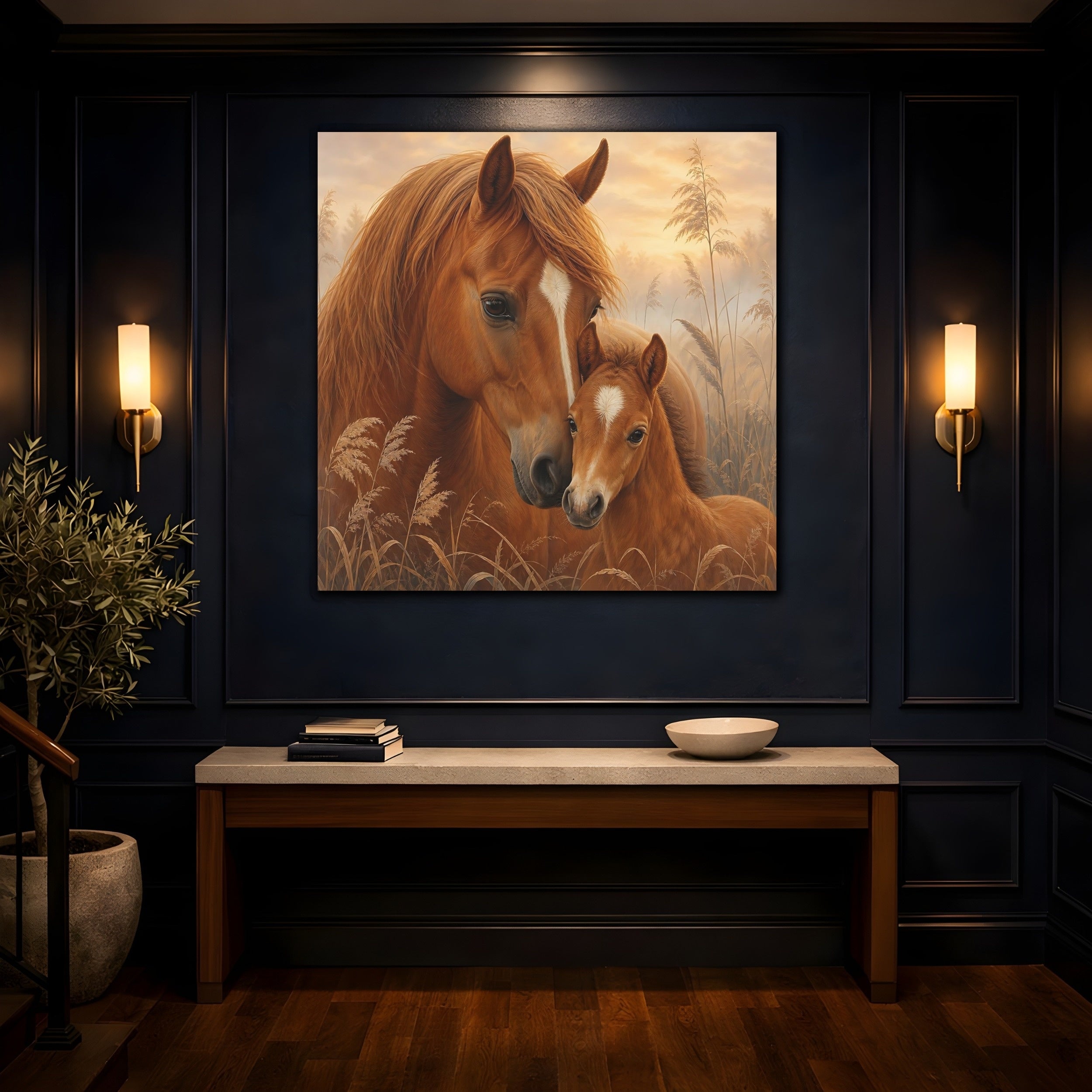 Mockup 4. Animals Horses Brown Horses shown as stretched canvas wall art