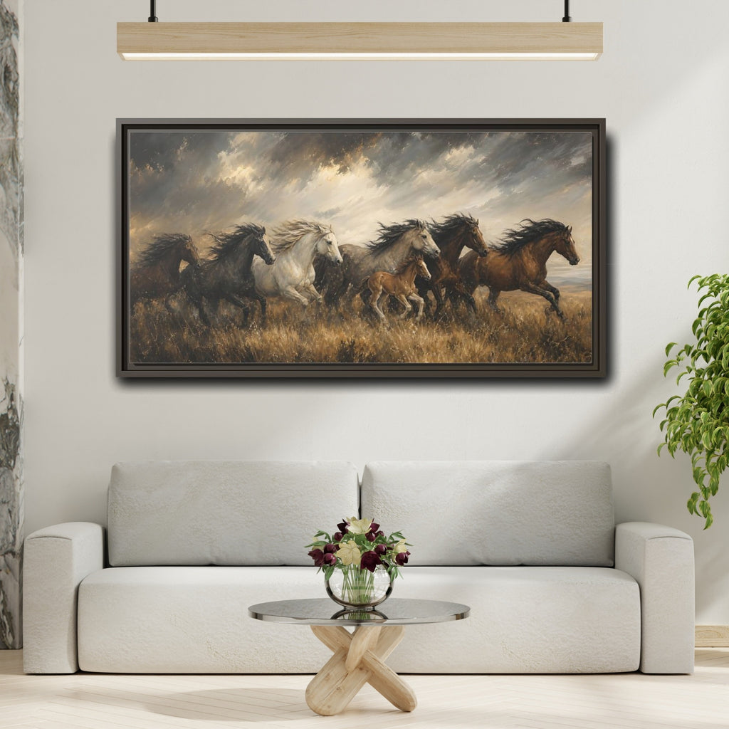 Mockup 2. Animals Horses Galloping Horses shown as stretched canvas wall art