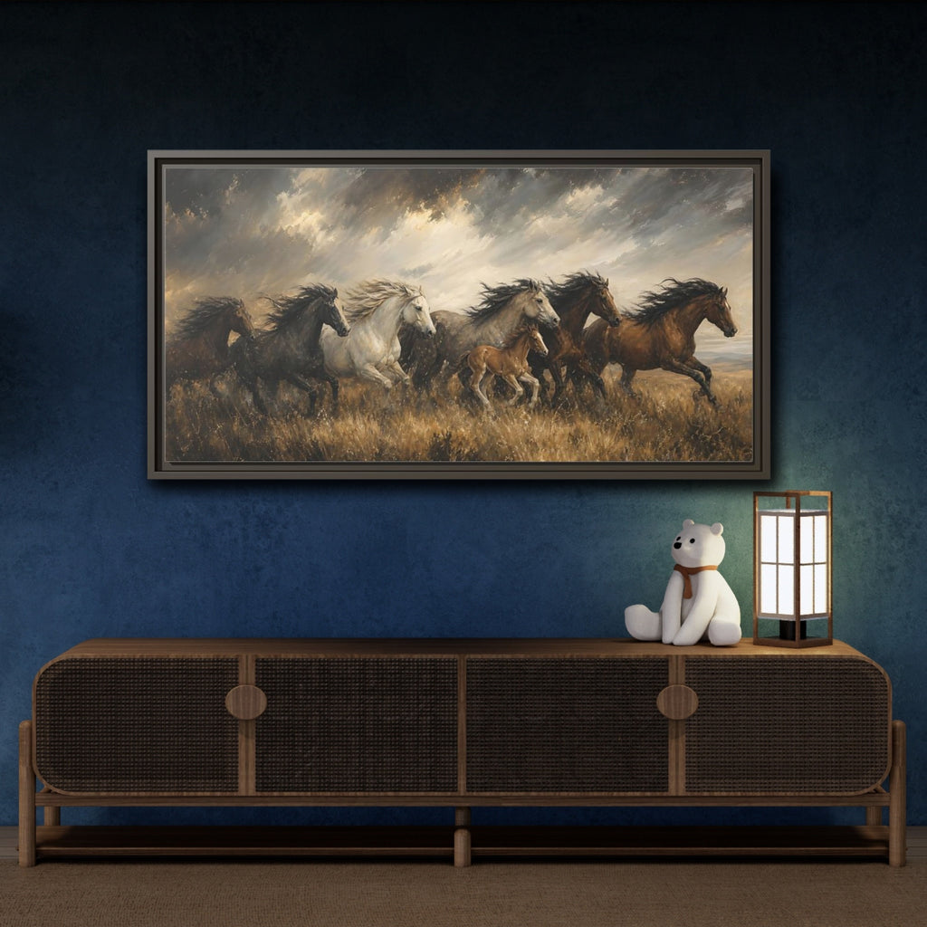 Mockup 4. Animals Horses Galloping Horses shown as stretched canvas wall art