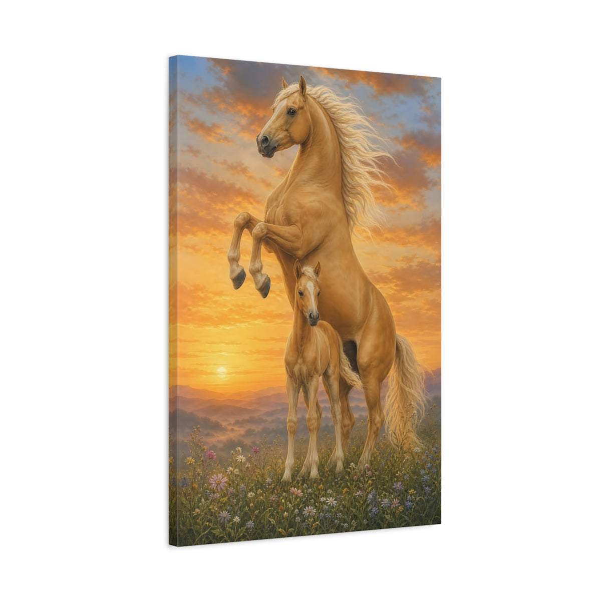 Side Mockup 2. Animals Horses Golden Horses shown as stretched canvas wall art