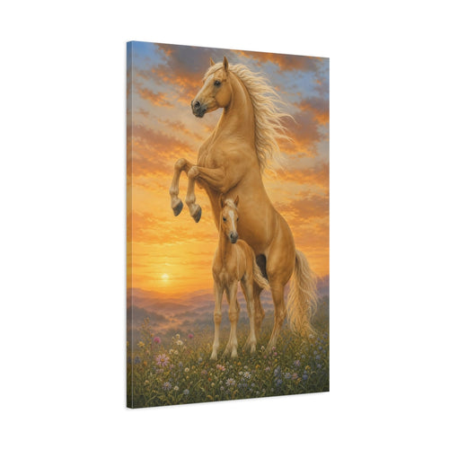 Main Mockup. Animals Horses Golden Horses shown as stretched canvas wall art