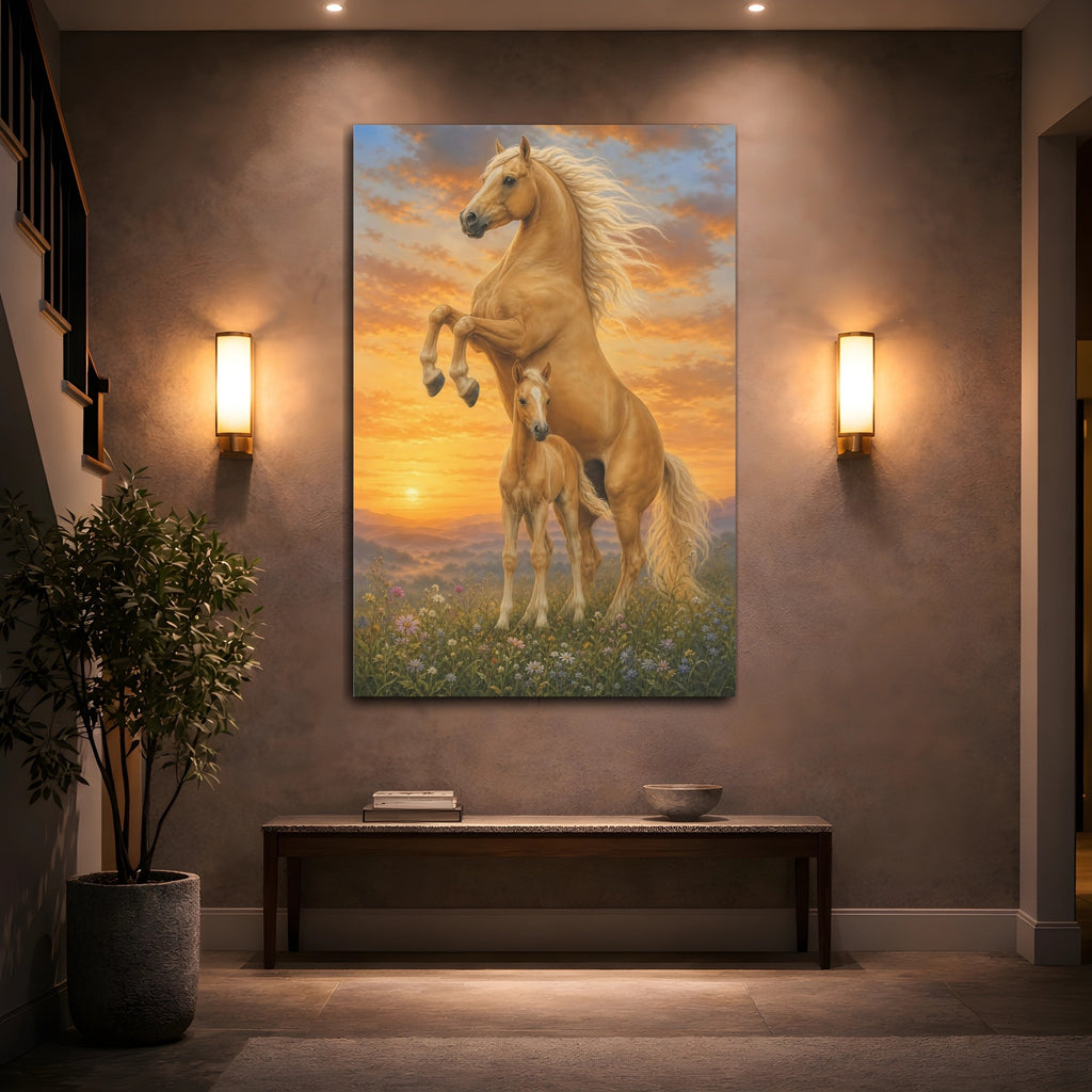 Mockup 2. Animals Horses Golden Horses shown as stretched canvas wall art