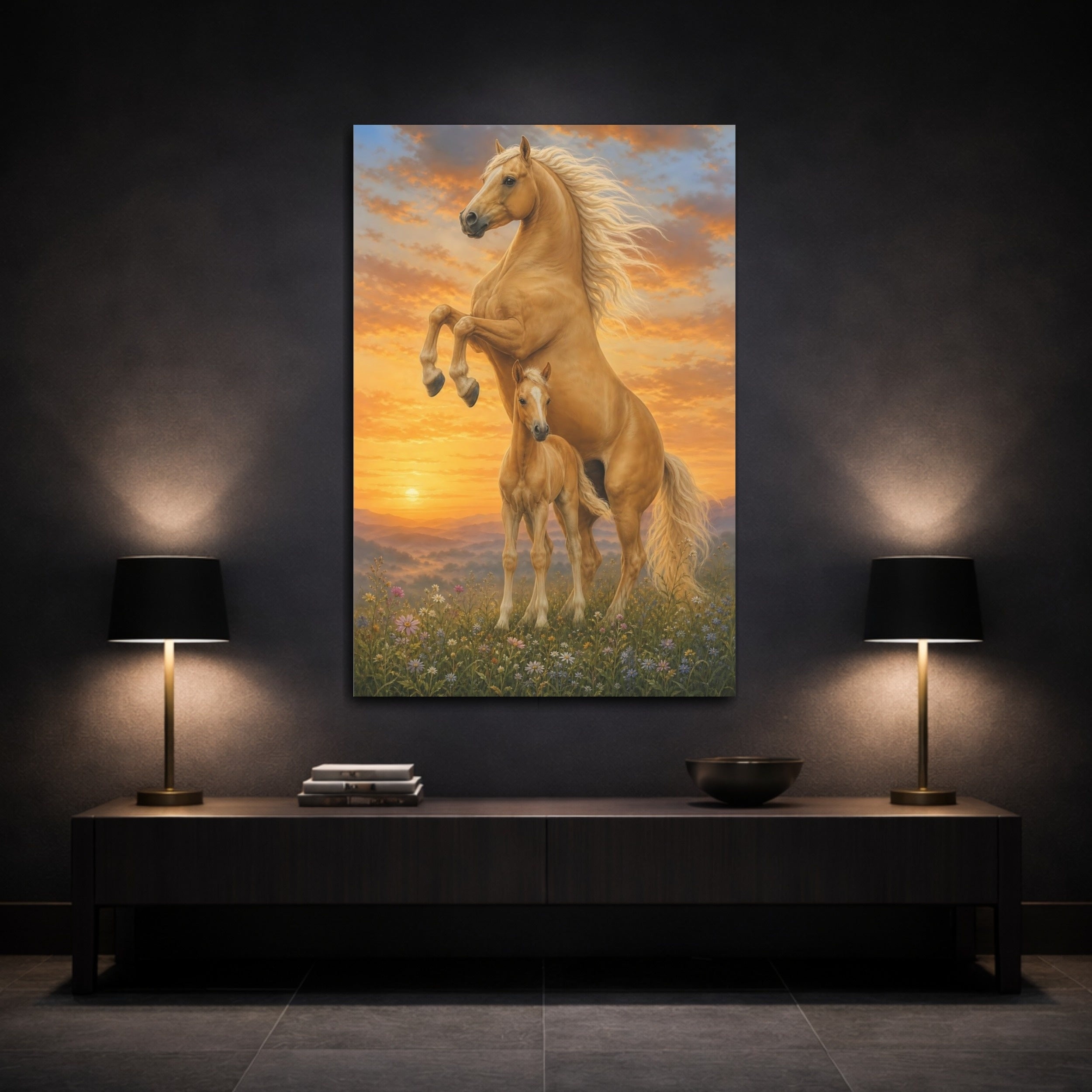 Mockup 3. Animals Horses Golden Horses shown as stretched canvas wall art