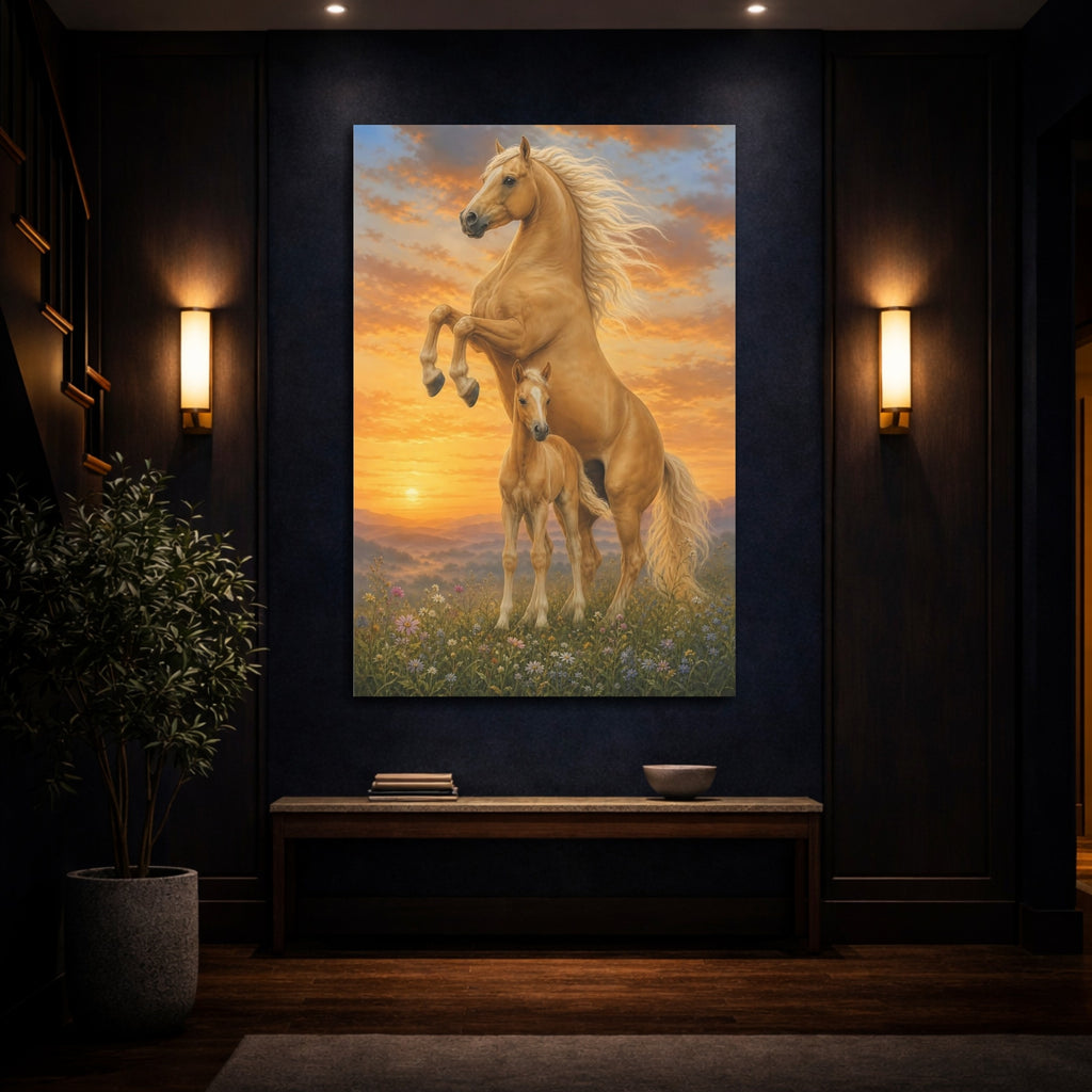 Mockup 4. Animals Horses Golden Horses shown as stretched canvas wall art