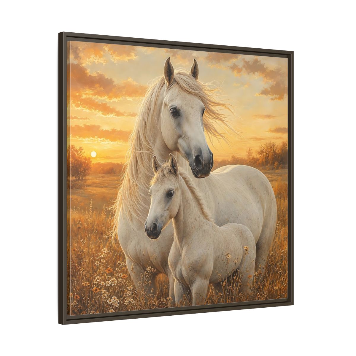 Main Mockup. Animals Horses White Horses Sunset shown as stretched canvas wall art
