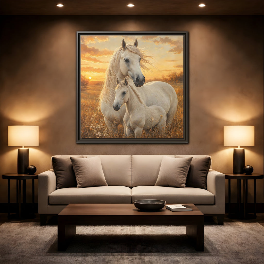 Mockup 2. Animals Horses White Horses Sunset shown as stretched canvas wall art
