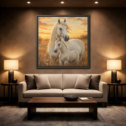 Mockup 2. Animals Horses White Horses Sunset shown as stretched canvas wall art