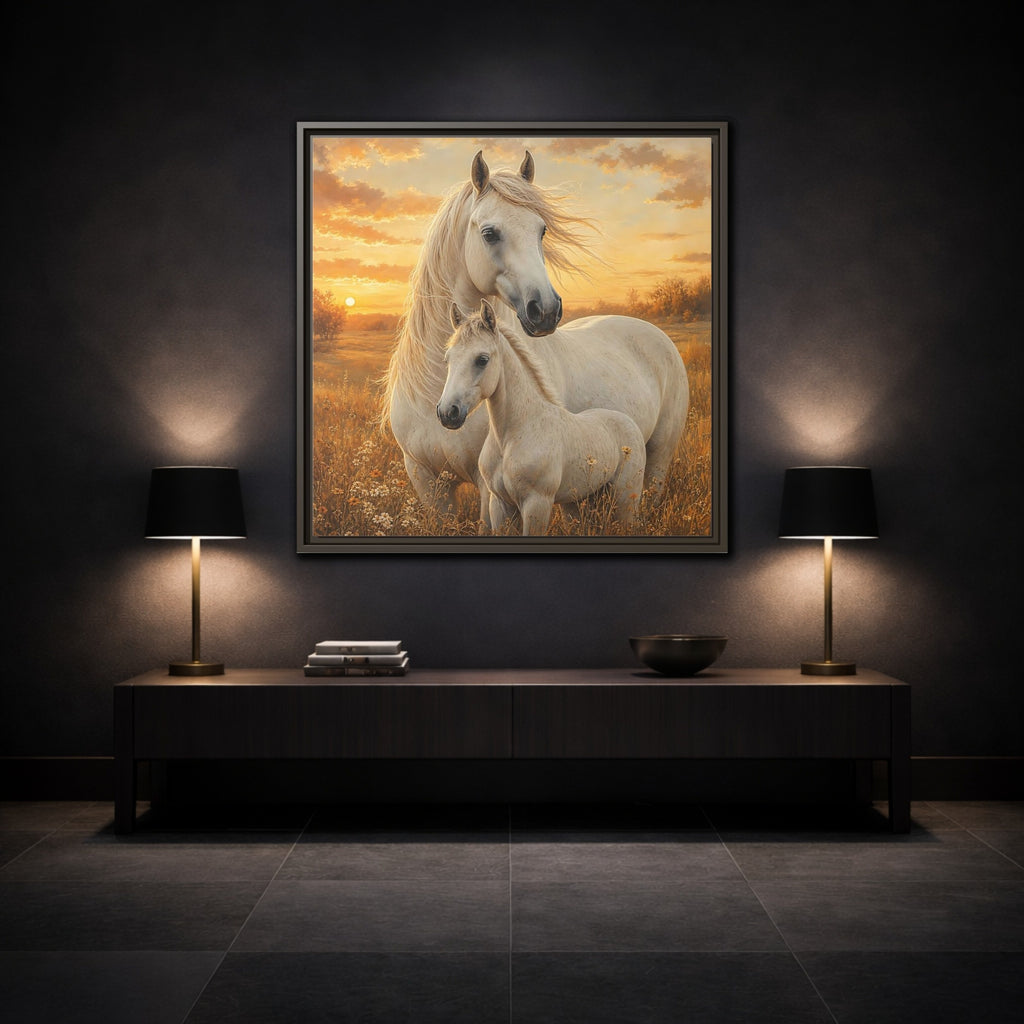 Mockup 3. Animals Horses White Horses Sunset shown as stretched canvas wall art