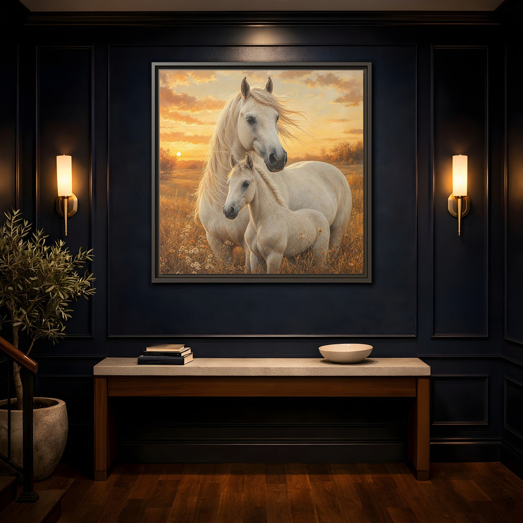 Mockup 4. Animals Horses White Horses Sunset shown as stretched canvas wall art