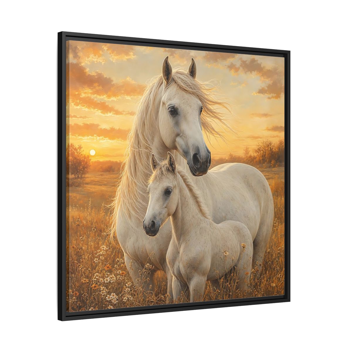 Side Mockup 30. Animals Horses White Horses Sunset shown as stretched canvas wall art