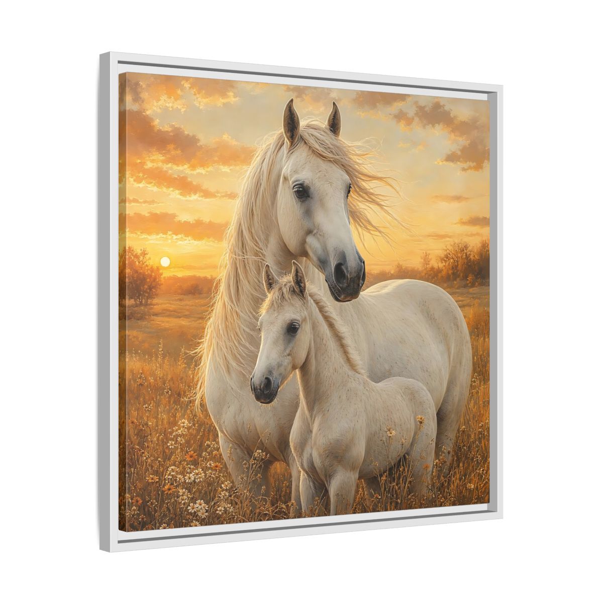 Side Mockup 26. Animals Horses White Horses Sunset shown as stretched canvas wall art