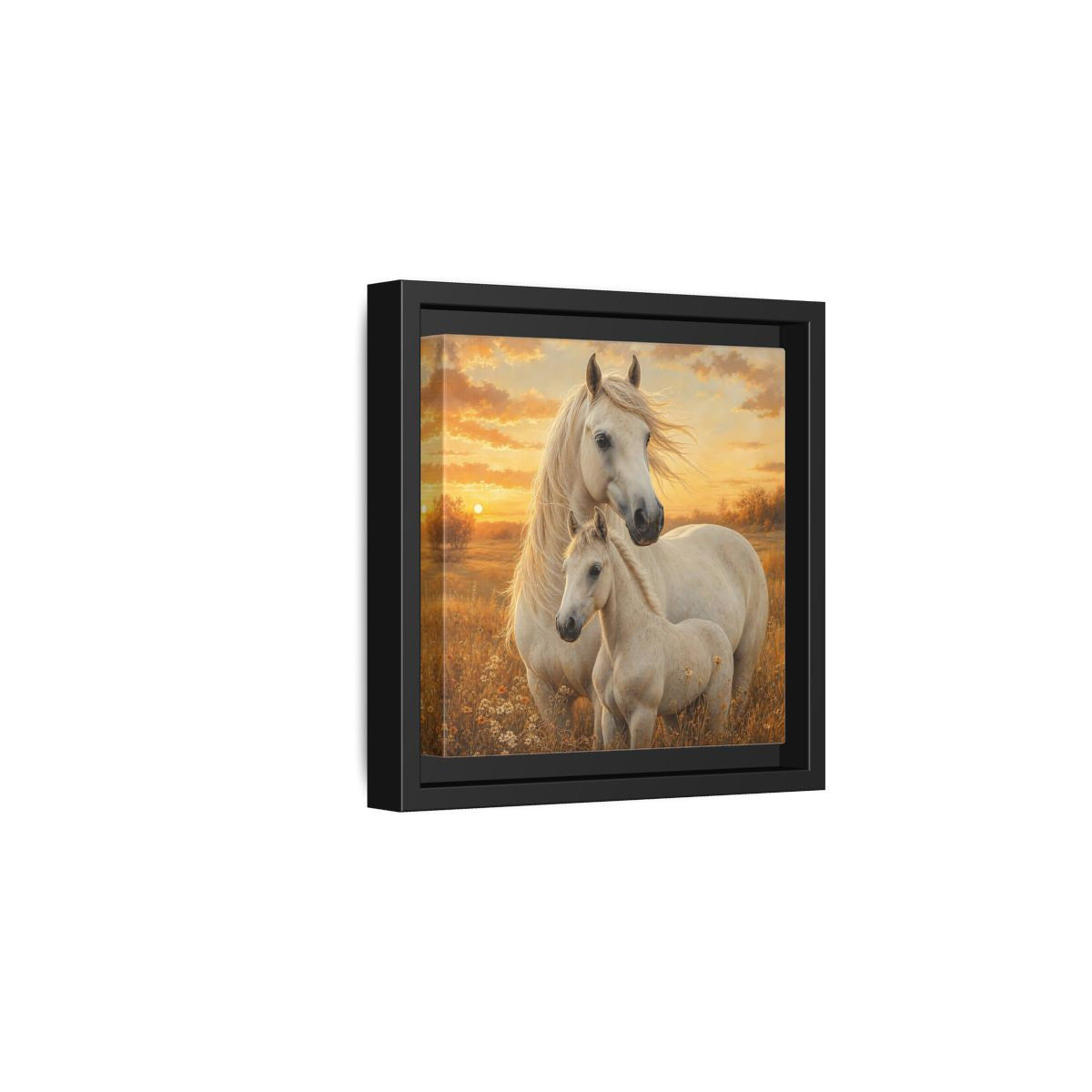 Side Mockup 3. Animals Horses White Horses Sunset shown as stretched canvas wall art
