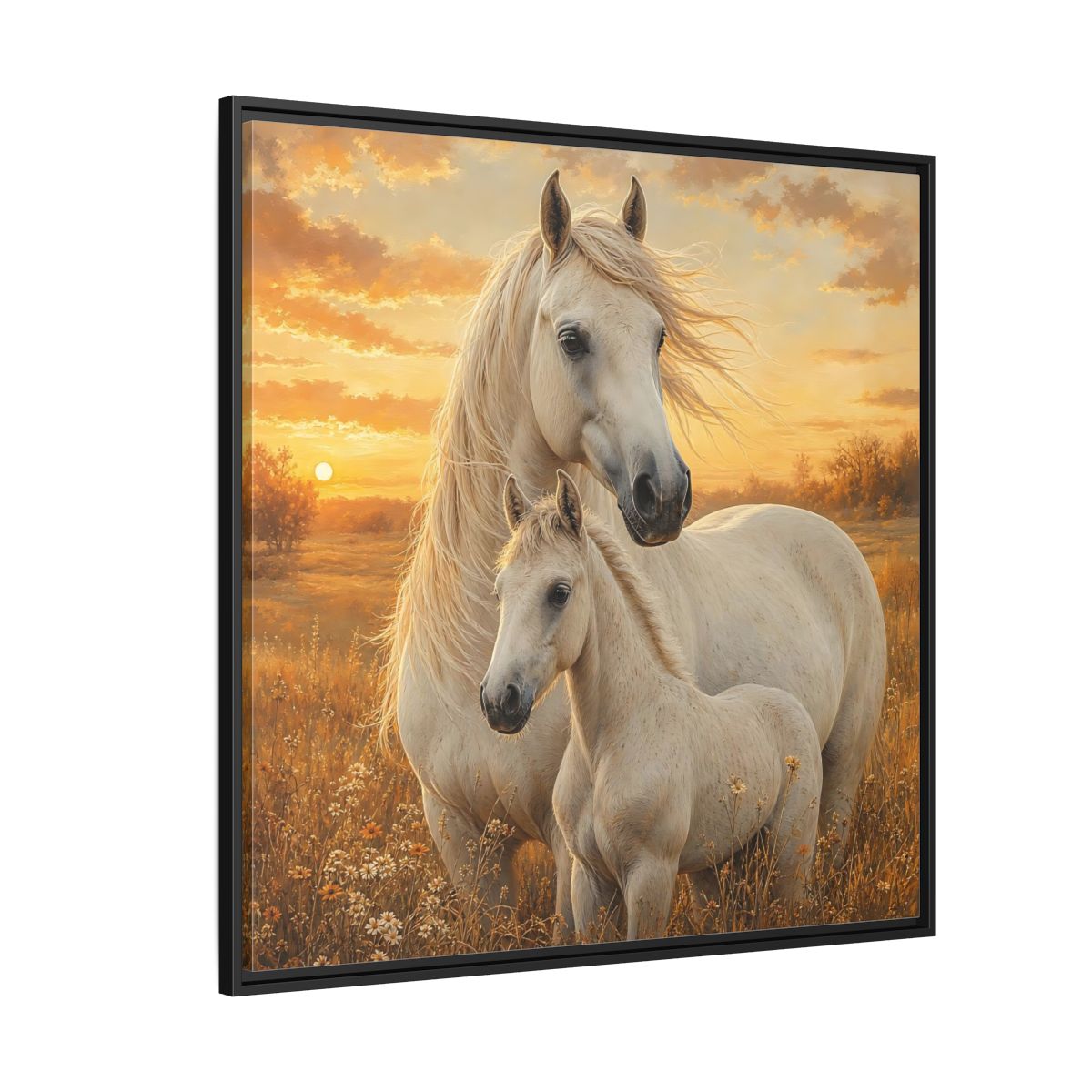 Side Mockup 6. Animals Horses White Horses Sunset shown as stretched canvas wall art