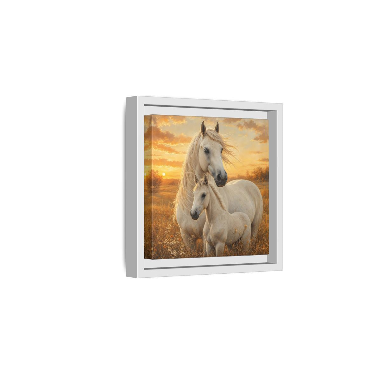 Side Mockup 1. Animals Horses White Horses Sunset shown as stretched canvas wall art