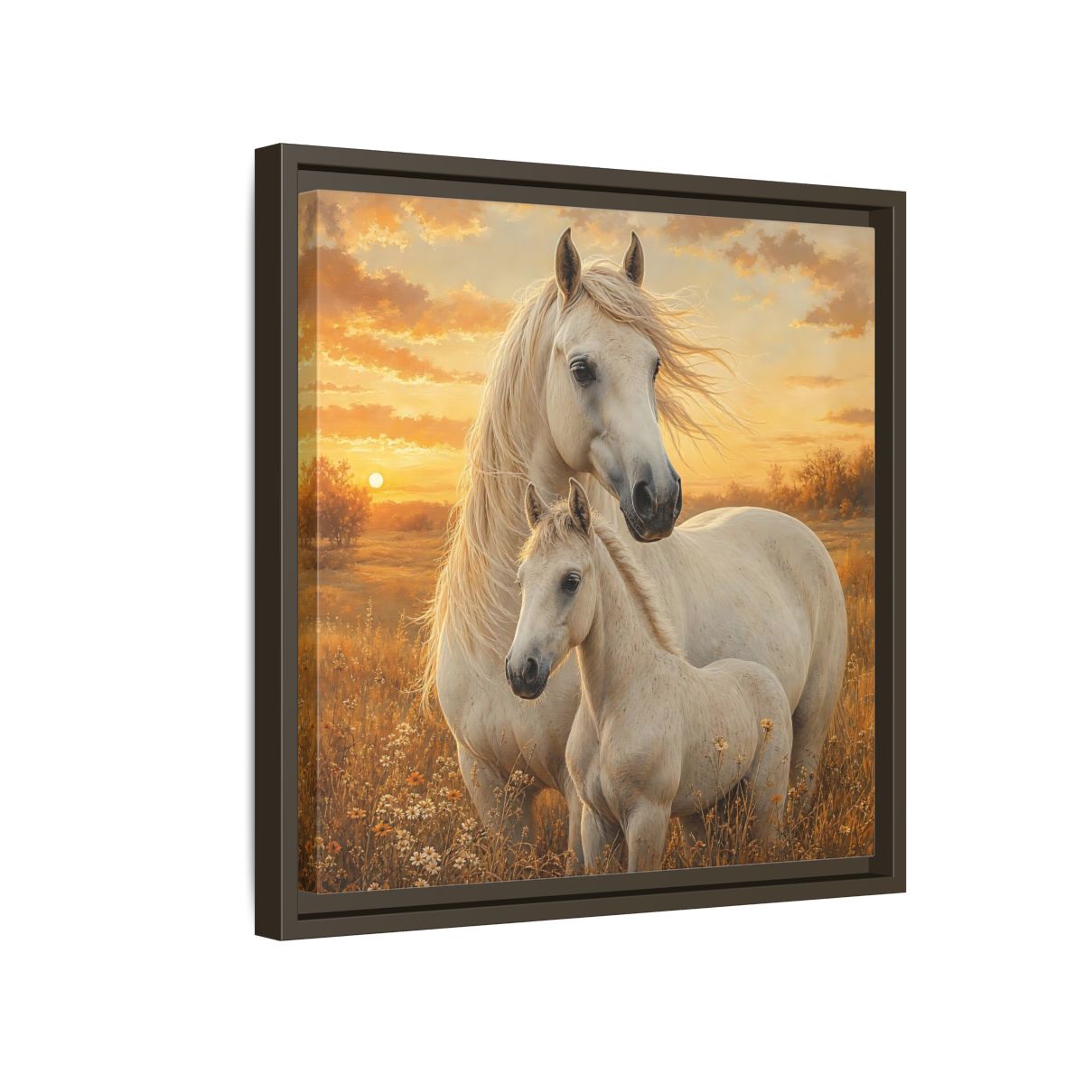Side Mockup 14. Animals Horses White Horses Sunset shown as stretched canvas wall art